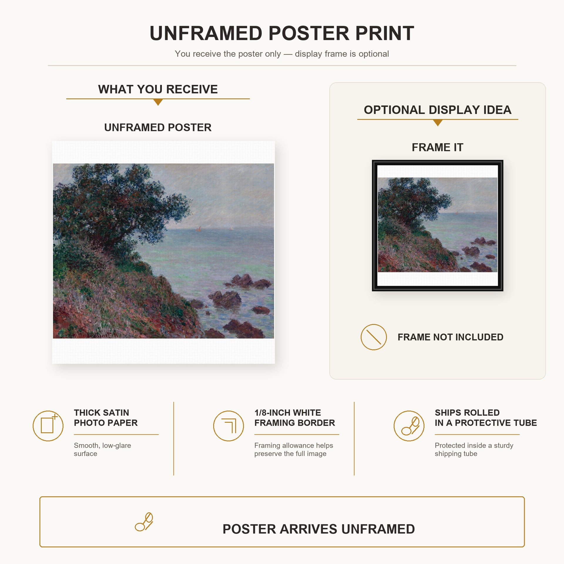 Claude Monet - The Edges of the Mediterranean, Gray Time poster print size comparison and framing display infographic