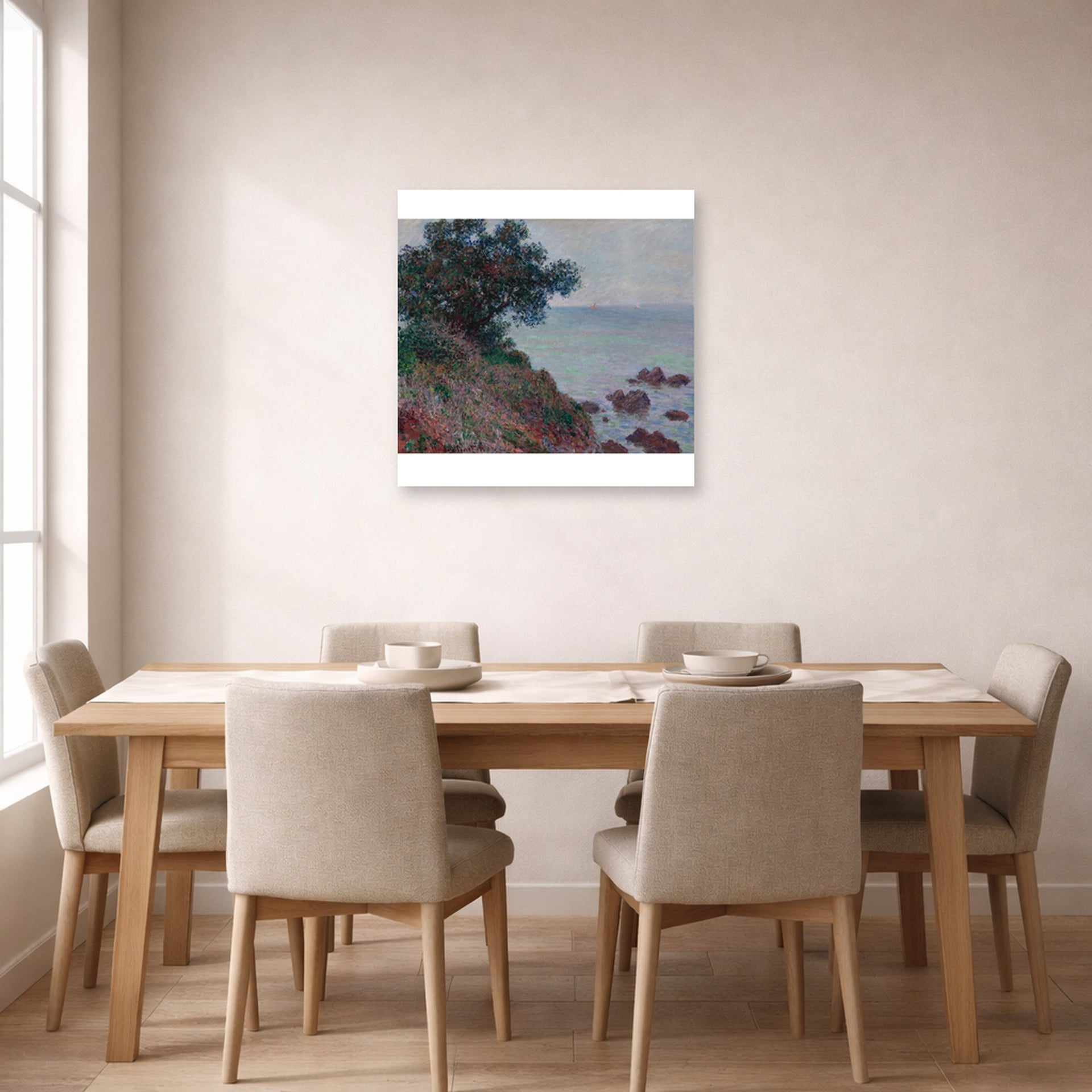 Unframed poster print of Claude Monet's 'The Edges of the Mediterranean, Gray Time' displayed on a wall in a dining room