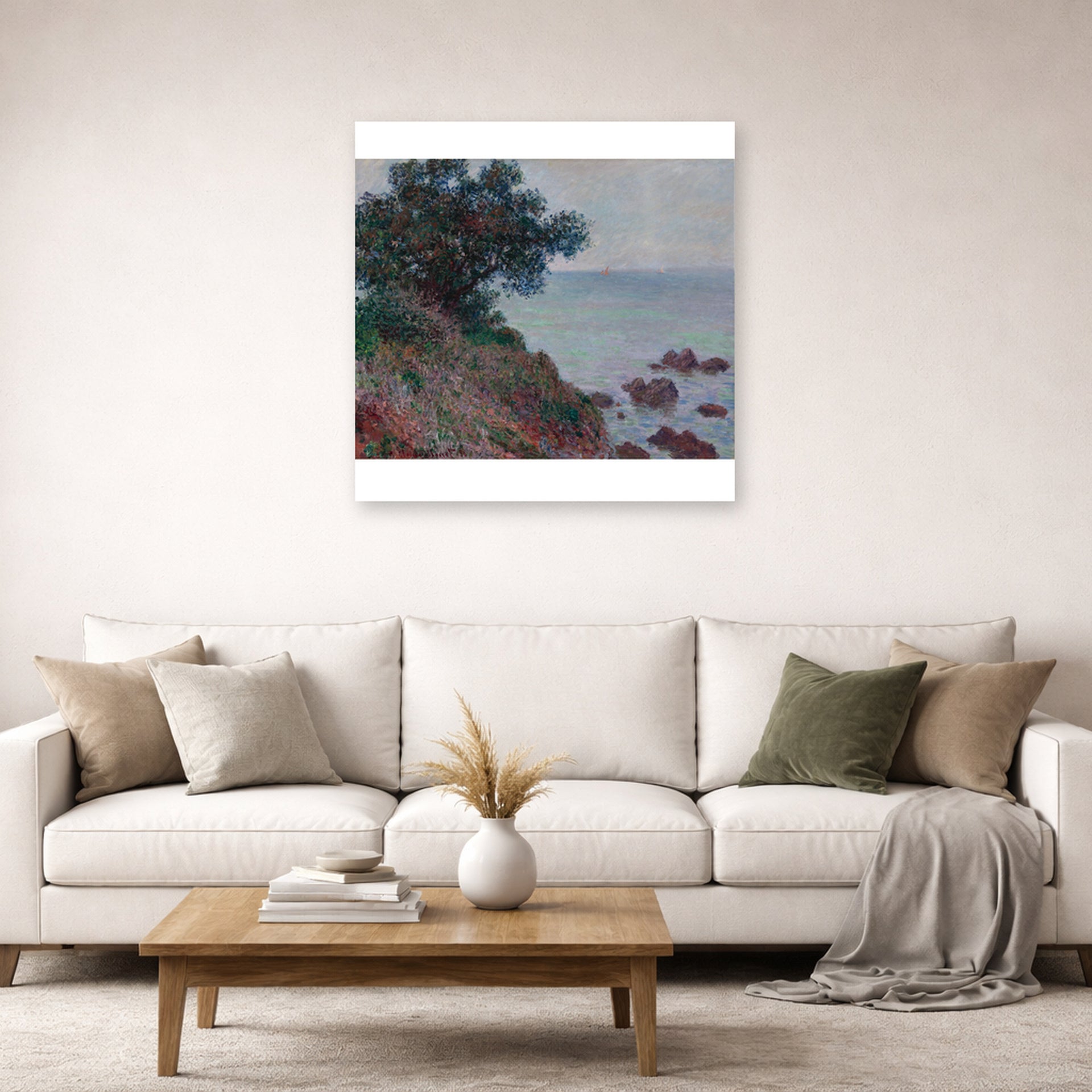 Unframed poster print of Claude Monet's 'The Edges of the Mediterranean, Gray Time' displayed on a wall in a living room