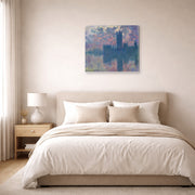 Gallery-wrapped canvas print of Claude Monet's 'The Houses of Parliament, Sunset' displayed on a wall in a bedroom