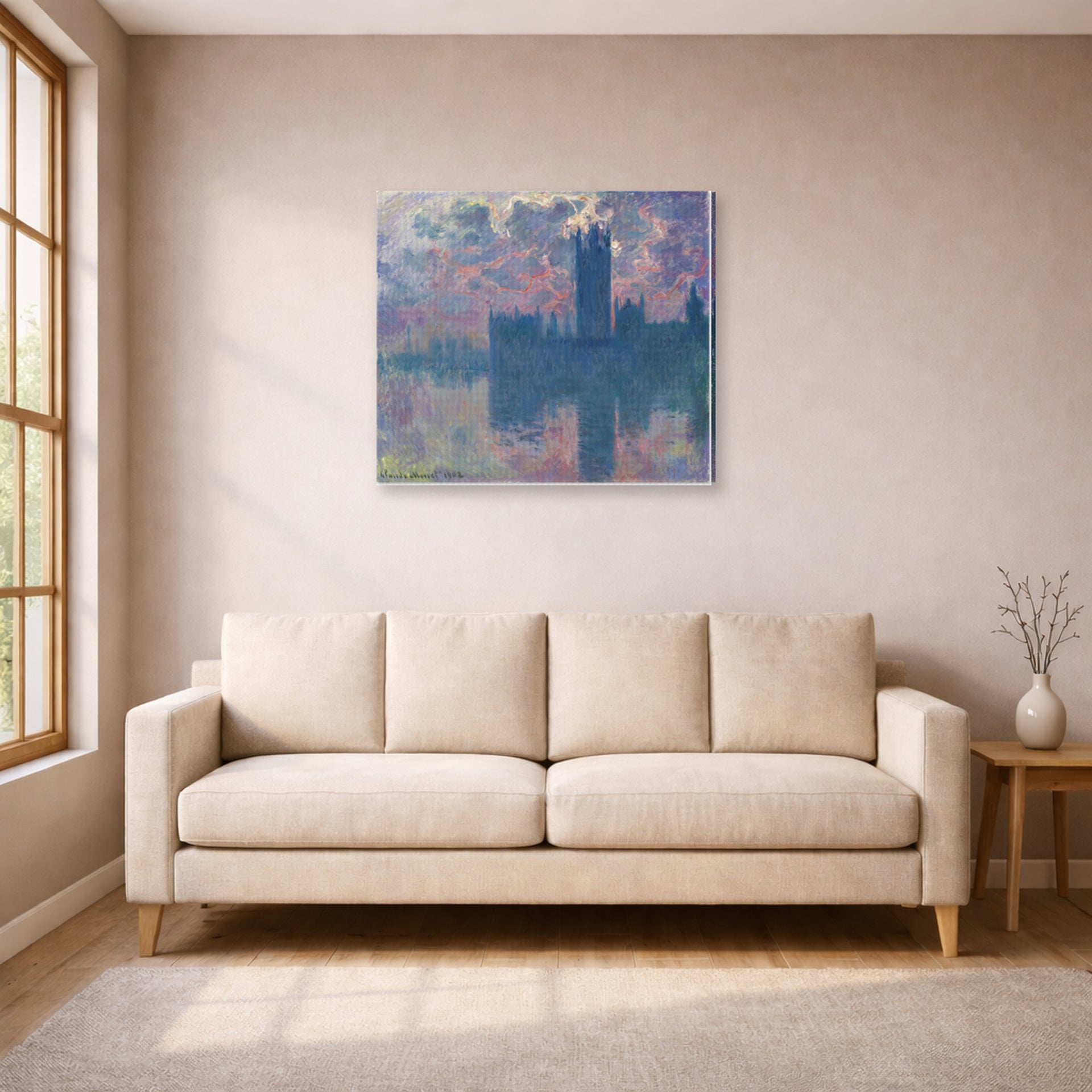 Gallery-wrapped canvas print of Claude Monet's 'The Houses of Parliament, Sunset' displayed on a wall in a living room