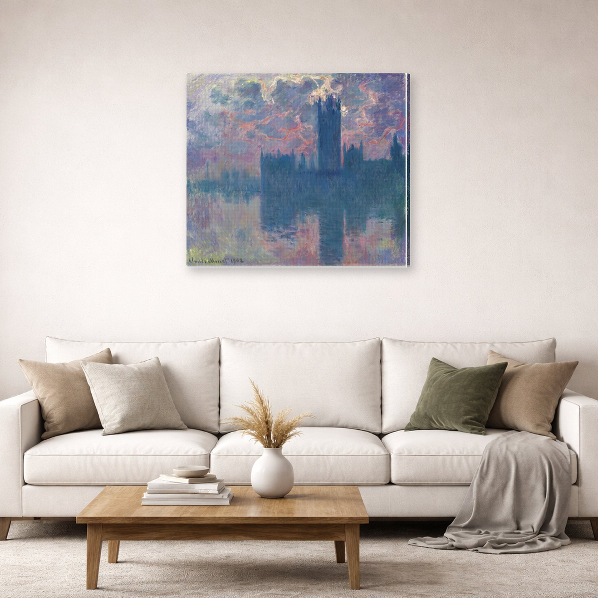 Gallery-wrapped canvas print of Claude Monet's 'The Houses of Parliament, Sunset' displayed on a wall in a living room