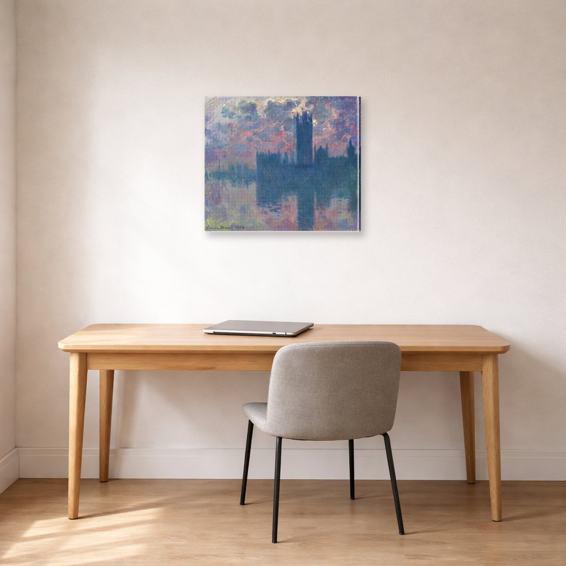 Gallery-wrapped canvas print of Claude Monet's 'The Houses of Parliament, Sunset' displayed on a wall in a office