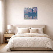 Unframed poster print of Claude Monet's 'The Houses of Parliament, Sunset' displayed on a wall in a bedroom