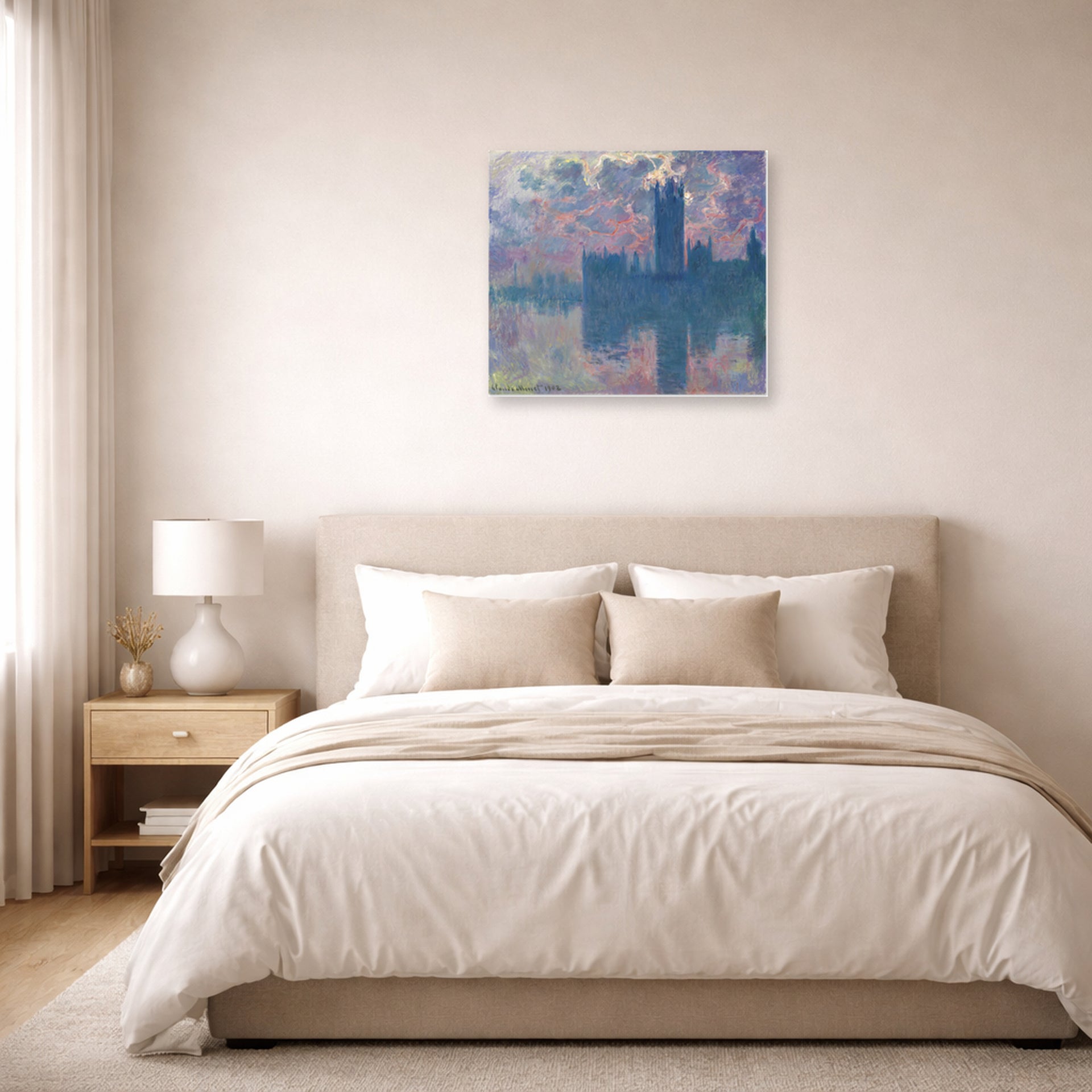 Unframed poster print of Claude Monet's 'The Houses of Parliament, Sunset' displayed on a wall in a bedroom