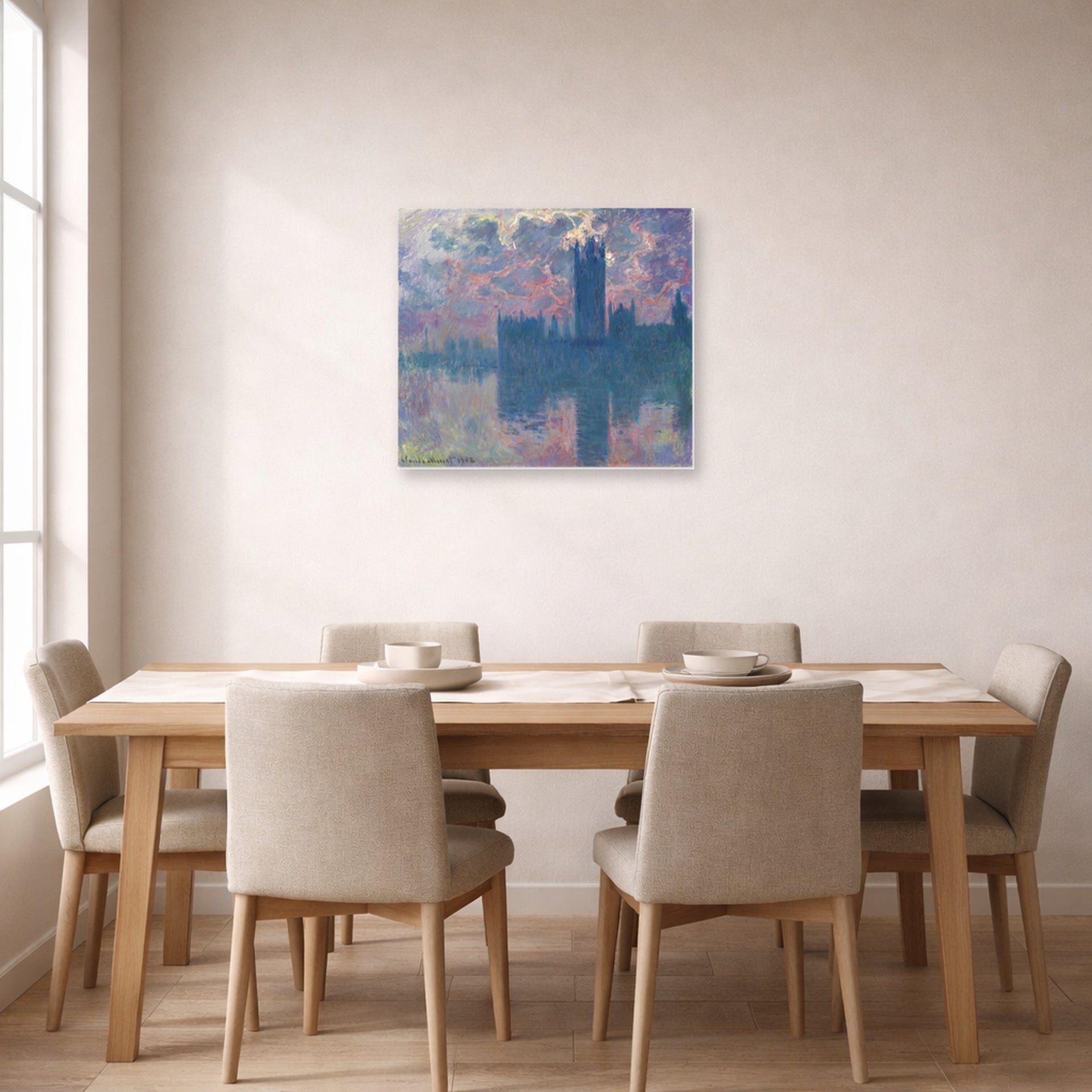 Unframed poster print of Claude Monet's 'The Houses of Parliament, Sunset' displayed on a wall in a dining room