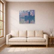Unframed poster print of Claude Monet's 'The Houses of Parliament, Sunset' displayed on a wall in a living room