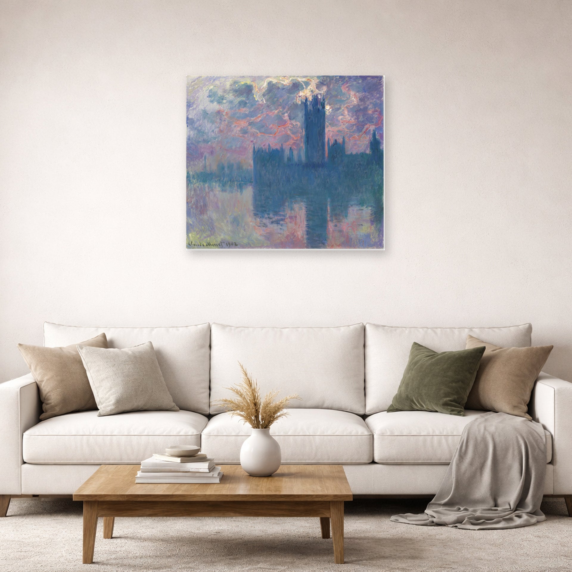 Unframed poster print of Claude Monet's 'The Houses of Parliament, Sunset' displayed on a wall in a living room