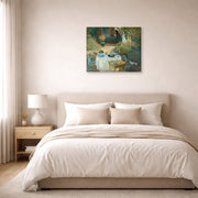 Gallery-wrapped canvas print of Claude Monet's 'The Luncheon, Monet's Garden at Argenteuil' displayed on a wall in a bedroom
