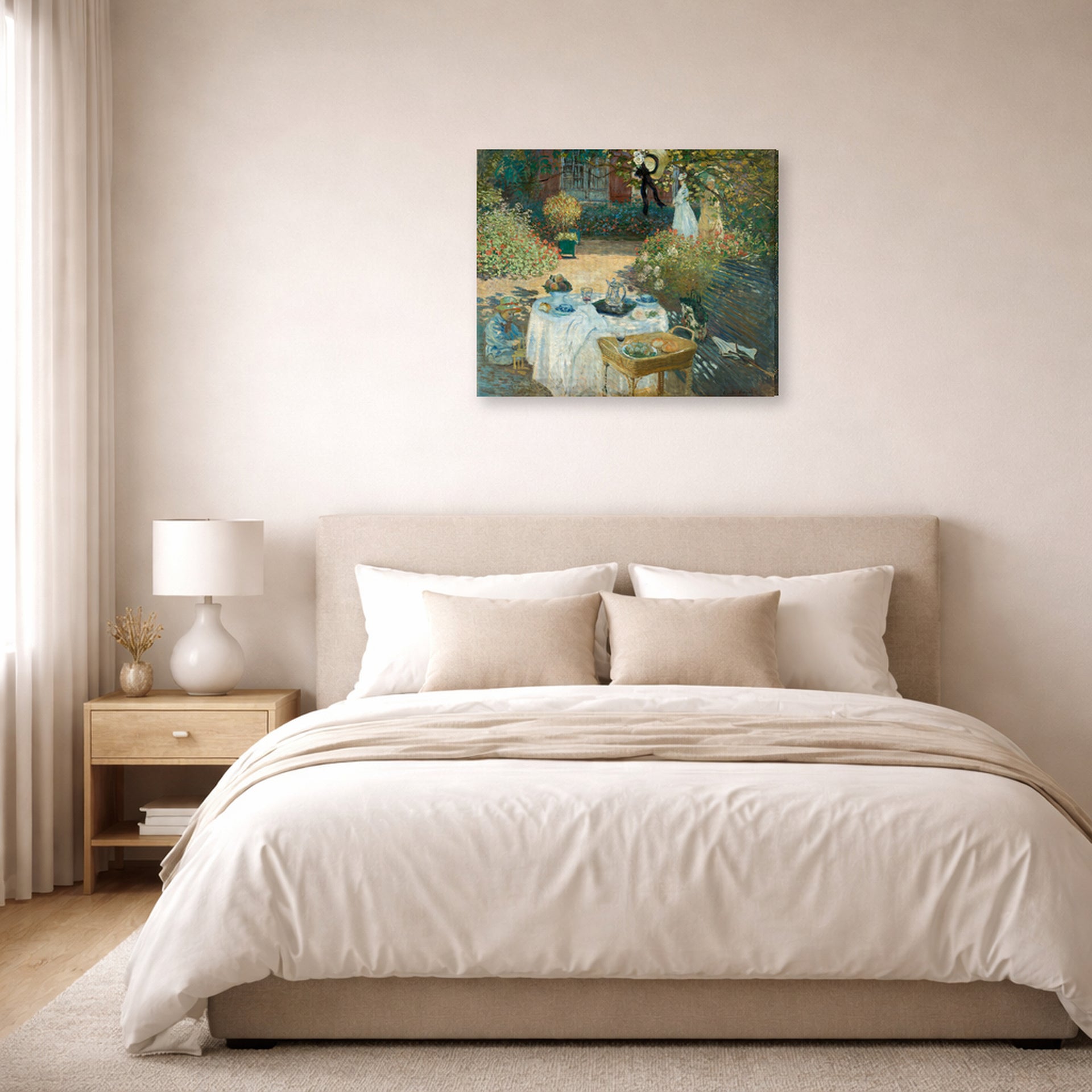 Gallery-wrapped canvas print of Claude Monet's 'The Luncheon, Monet's Garden at Argenteuil' displayed on a wall in a bedroom