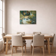 Gallery-wrapped canvas print of Claude Monet's 'The Luncheon, Monet's Garden at Argenteuil' displayed on a wall in a dining room