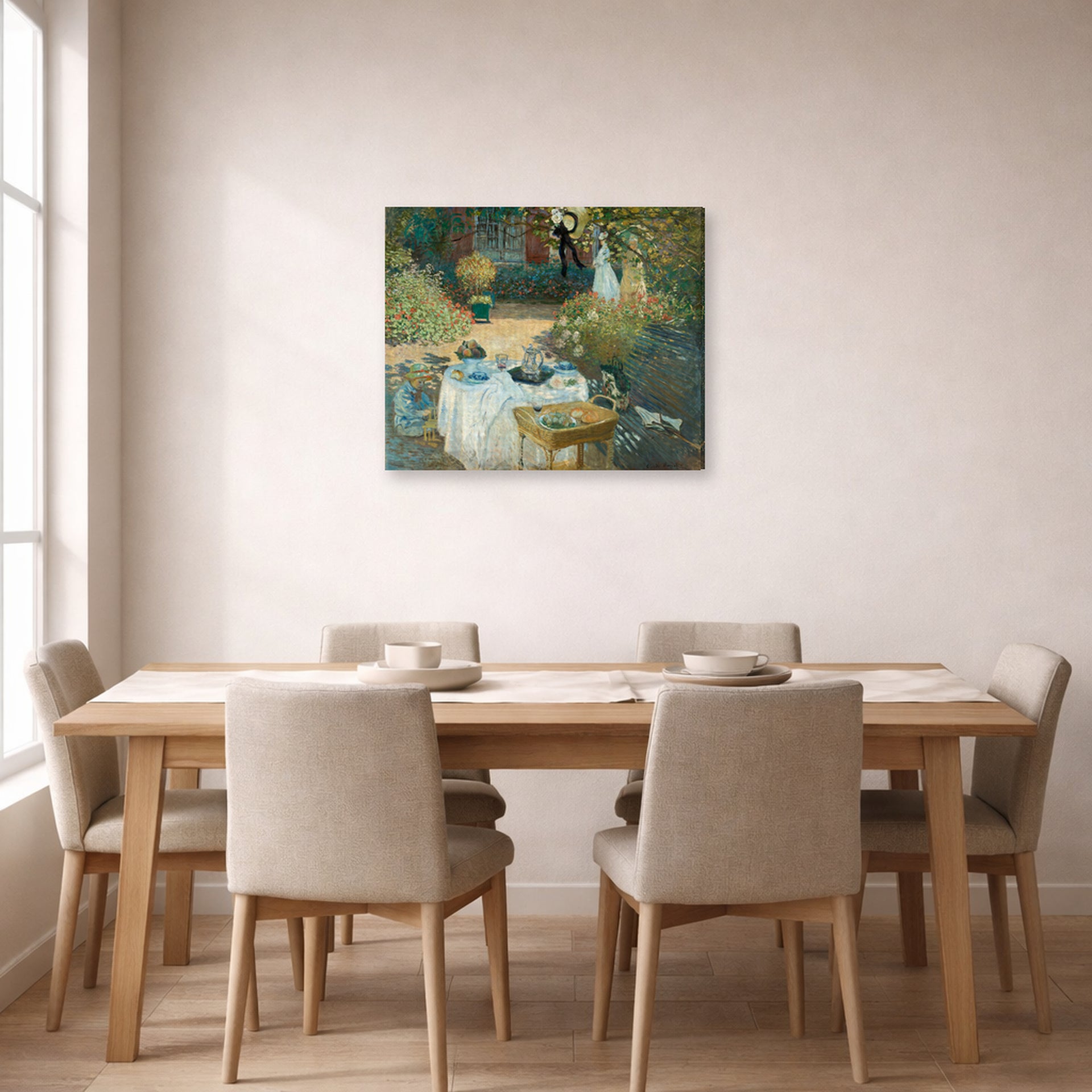 Gallery-wrapped canvas print of Claude Monet's 'The Luncheon, Monet's Garden at Argenteuil' displayed on a wall in a dining room