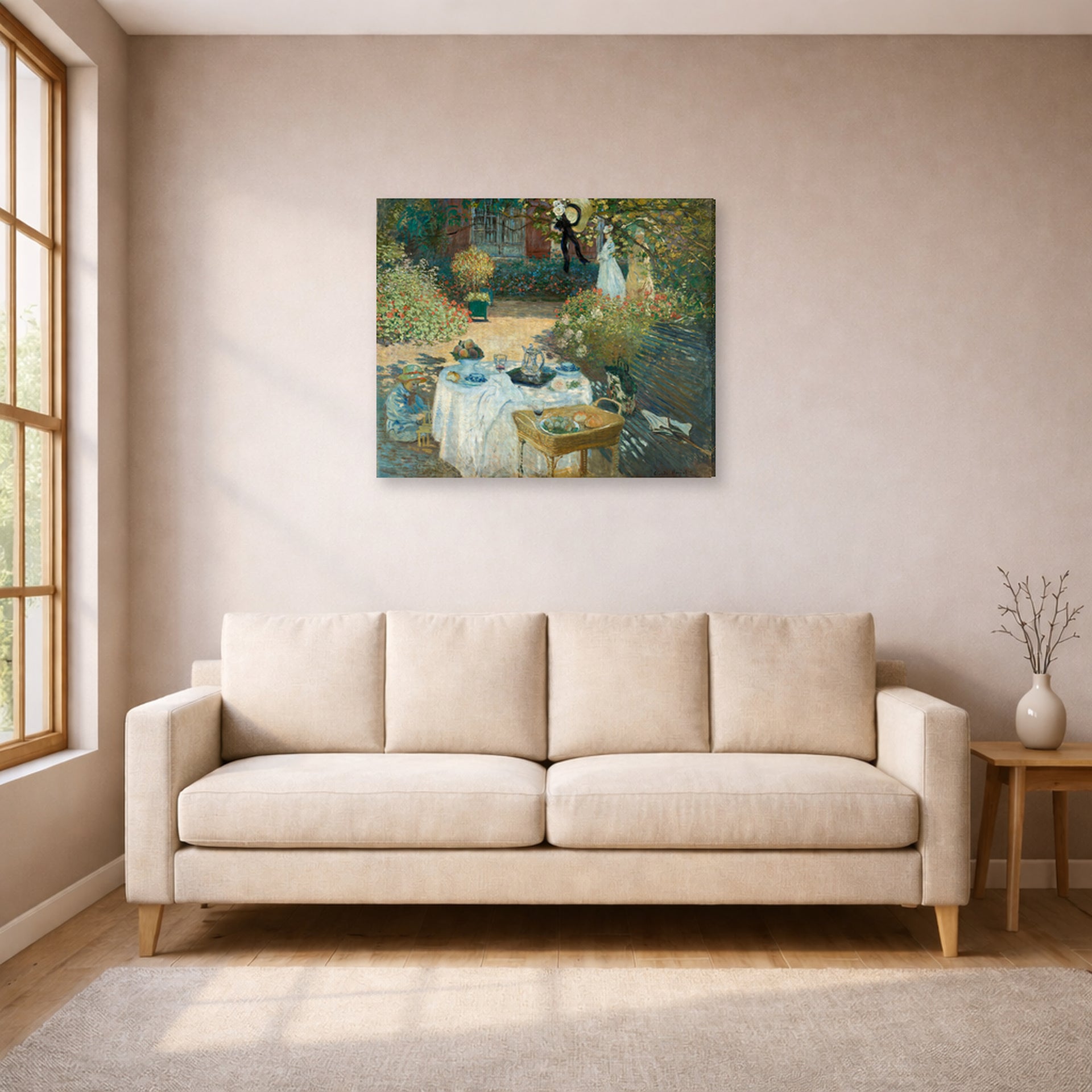 Gallery-wrapped canvas print of Claude Monet's 'The Luncheon, Monet's Garden at Argenteuil' displayed on a wall in a living room