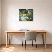 Gallery-wrapped canvas print of Claude Monet's 'The Luncheon, Monet's Garden at Argenteuil' displayed on a wall in a office
