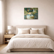 Unframed poster print of Claude Monet's 'The Luncheon, Monet's Garden at Argenteuil' displayed on a wall in a bedroom