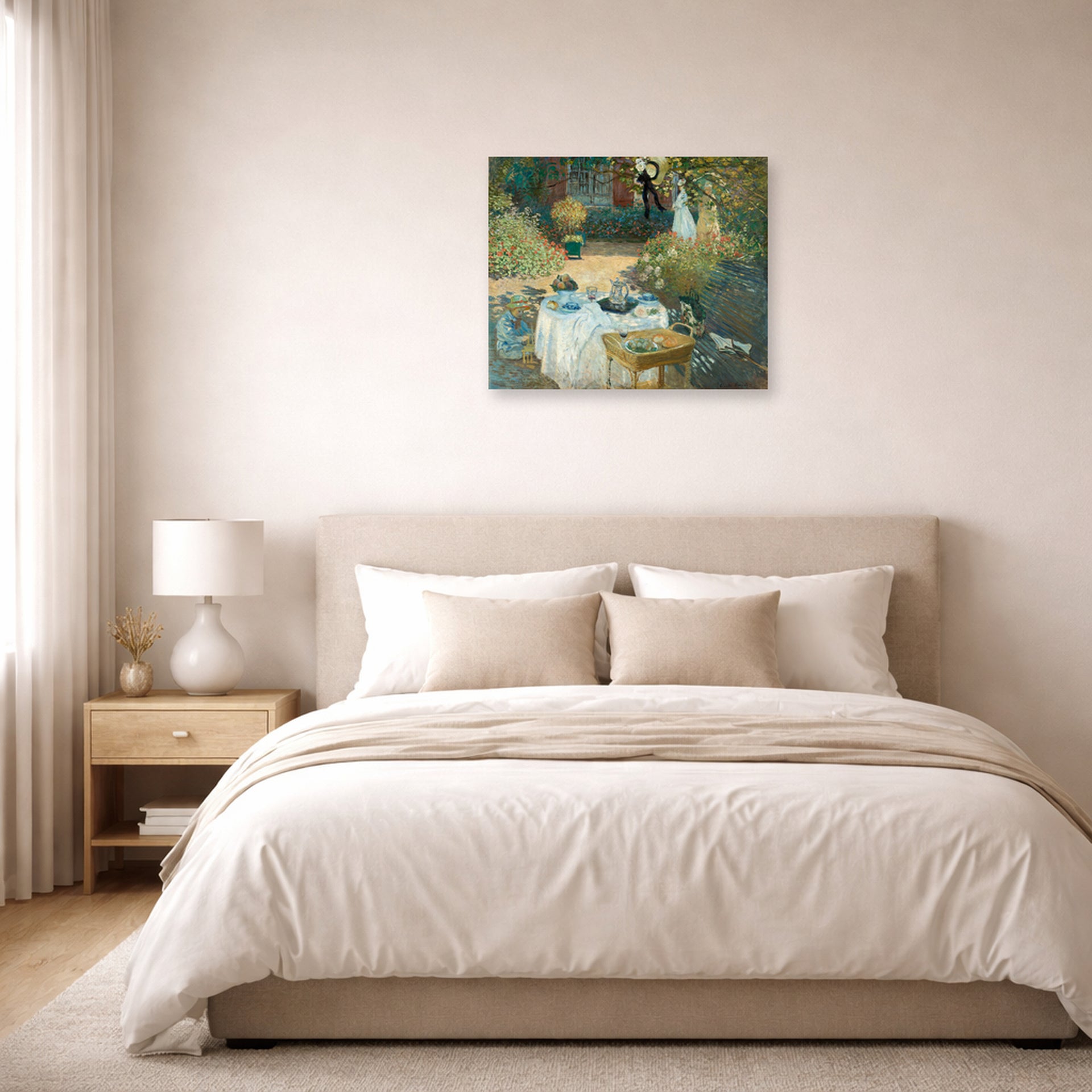 Unframed poster print of Claude Monet's 'The Luncheon, Monet's Garden at Argenteuil' displayed on a wall in a bedroom