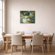 Unframed poster print of Claude Monet's 'The Luncheon, Monet's Garden at Argenteuil' displayed on a wall in a dining room