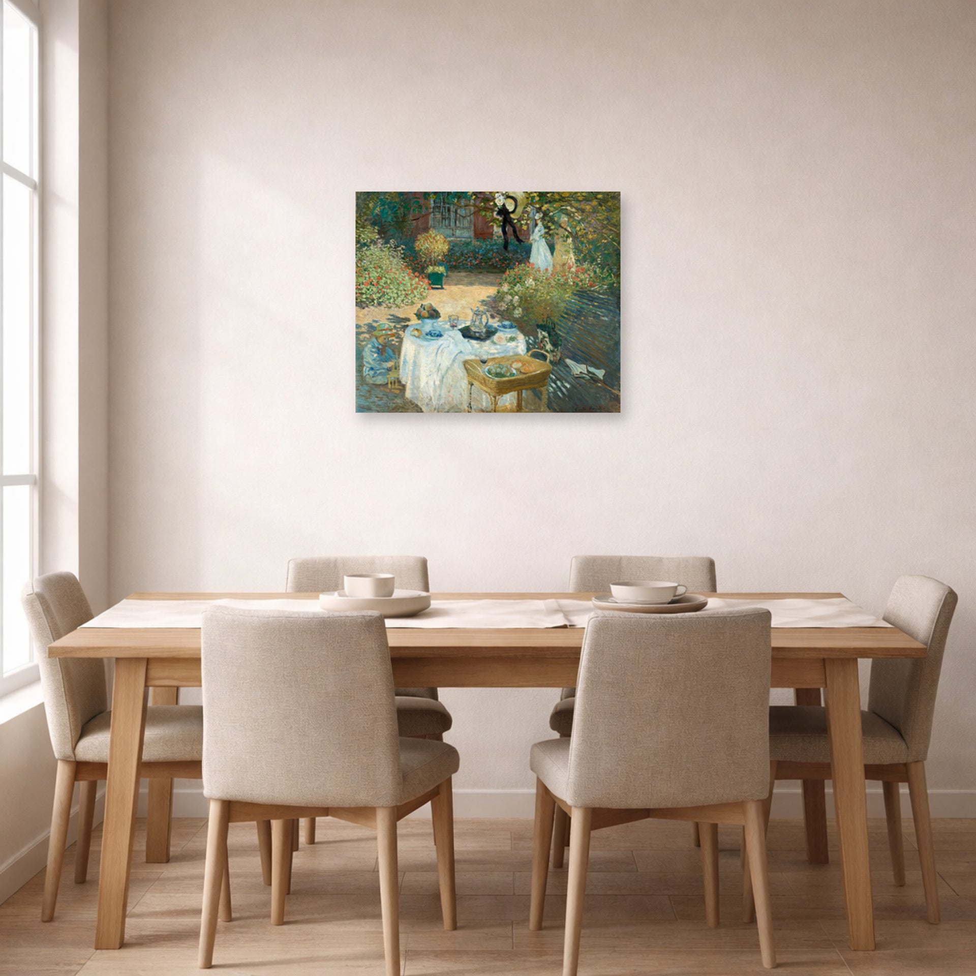 Unframed poster print of Claude Monet's 'The Luncheon, Monet's Garden at Argenteuil' displayed on a wall in a dining room