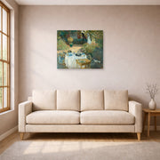 Unframed poster print of Claude Monet's 'The Luncheon, Monet's Garden at Argenteuil' displayed on a wall in a living room