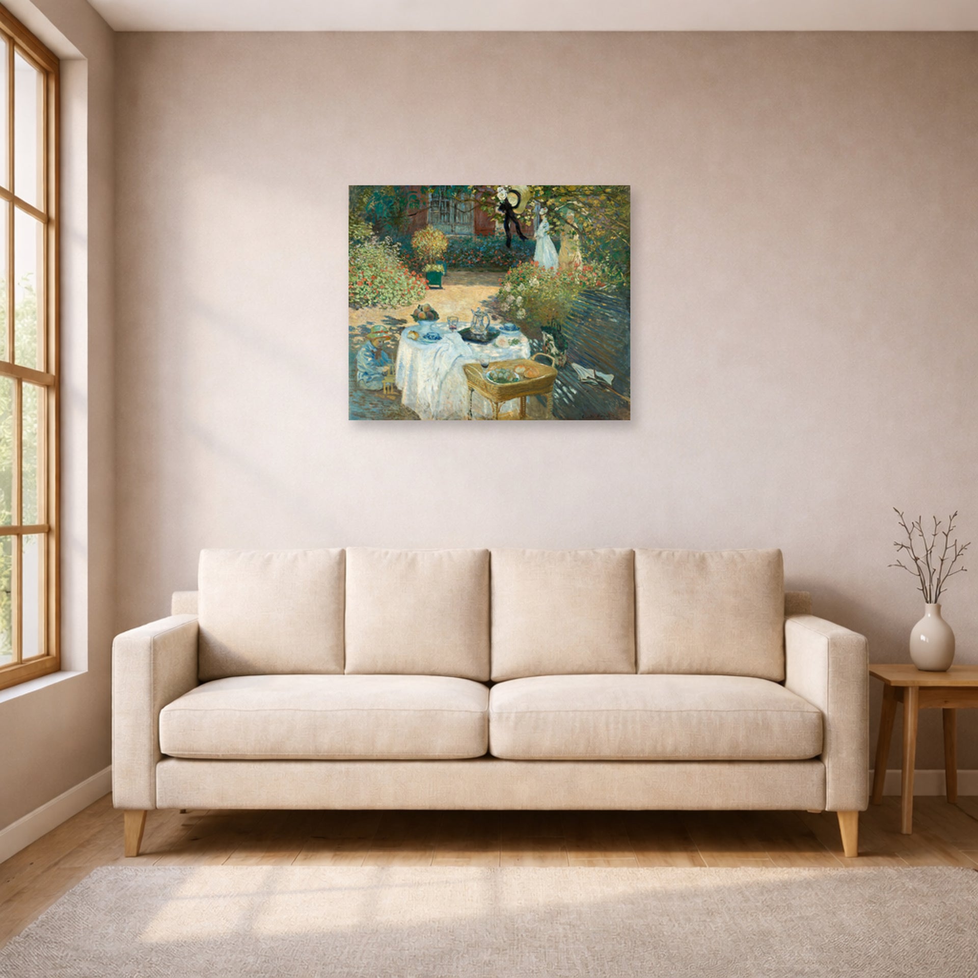 Unframed poster print of Claude Monet's 'The Luncheon, Monet's Garden at Argenteuil' displayed on a wall in a living room