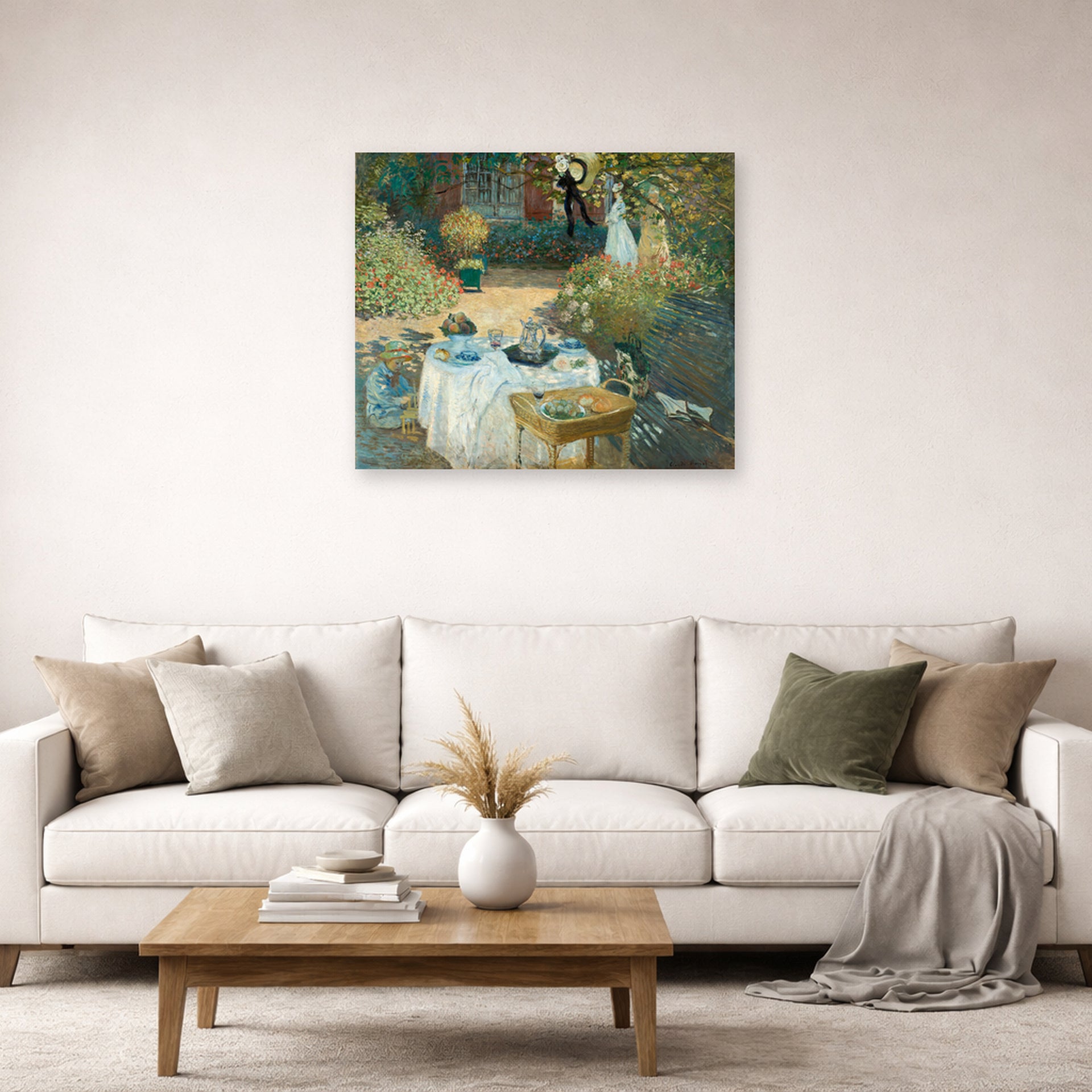 Unframed poster print of Claude Monet's 'The Luncheon, Monet's Garden at Argenteuil' displayed on a wall in a living room