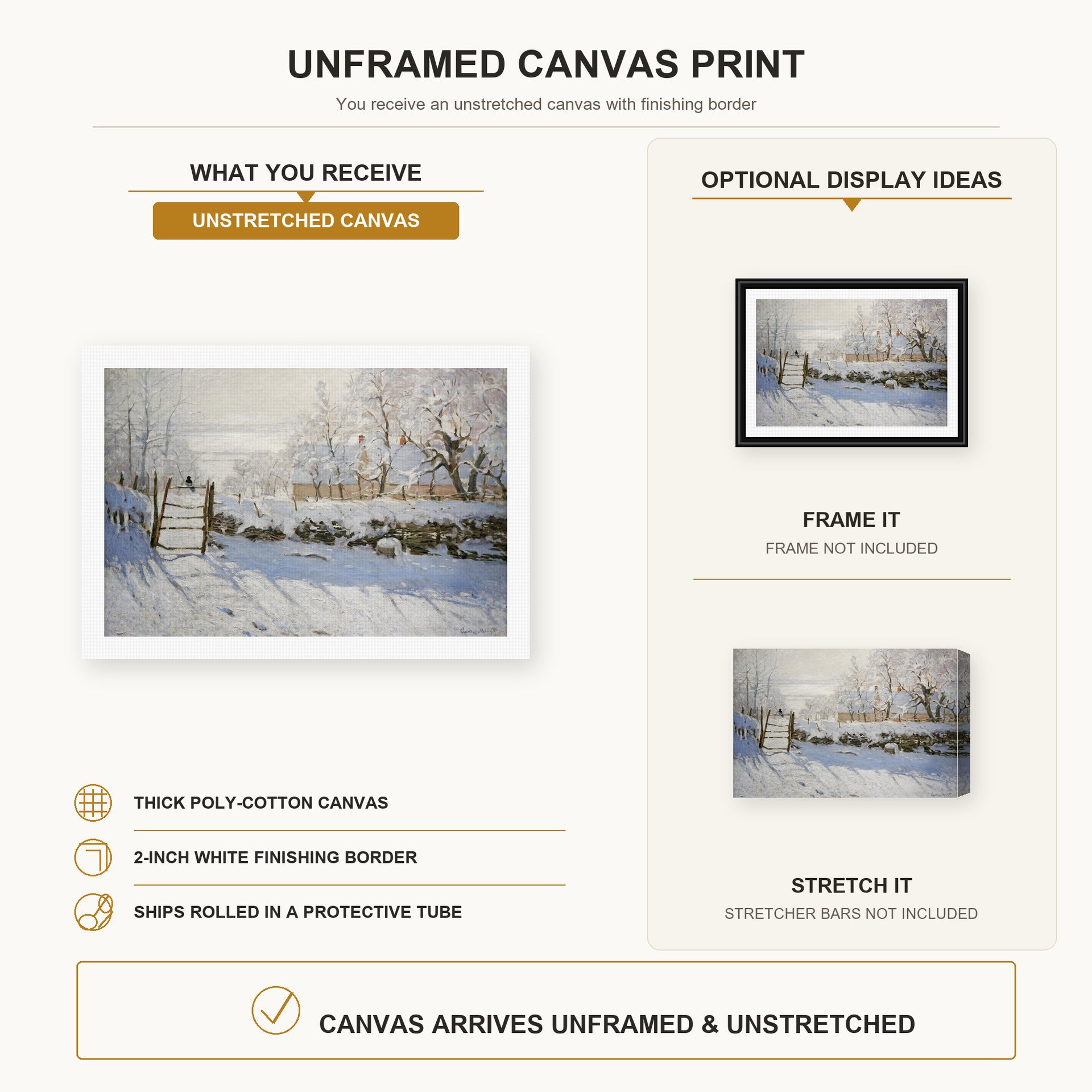 Claude Monet - The Magpie canvas print size comparison and framing display infographic
