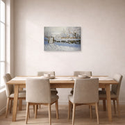 Gallery-wrapped canvas print of Claude Monet's 'The Magpie' displayed on a wall in a dining room