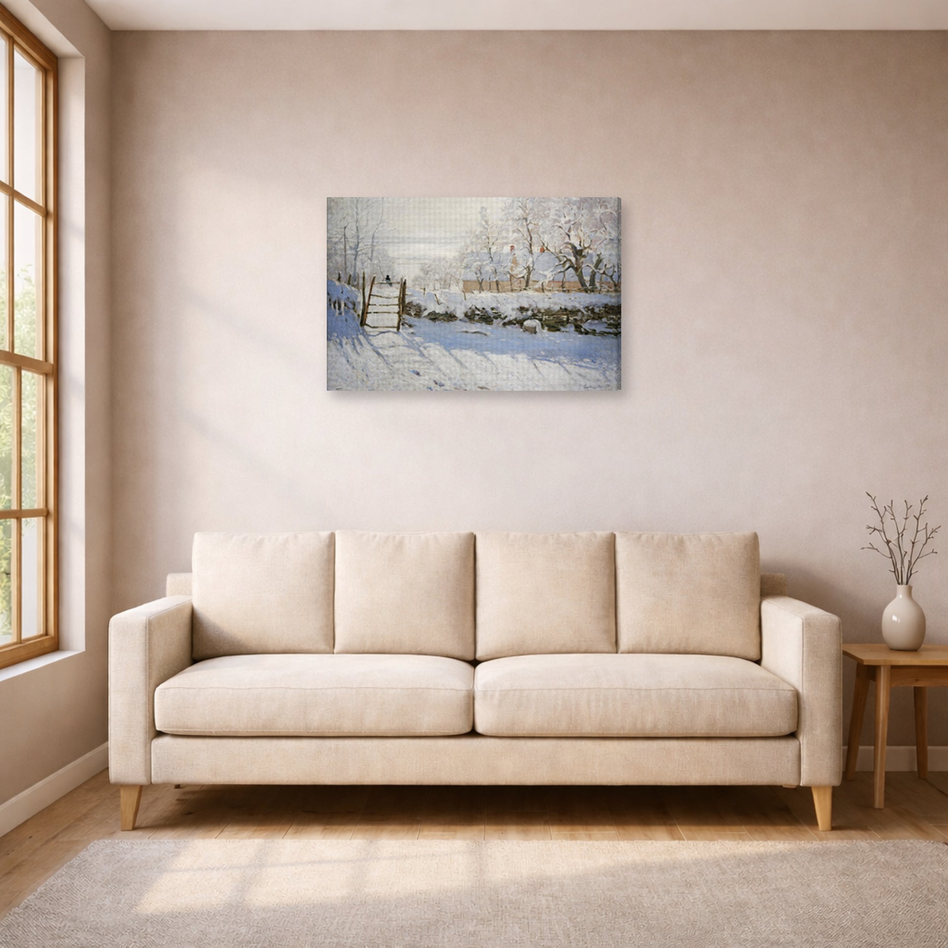 Gallery-wrapped canvas print of Claude Monet's 'The Magpie' displayed on a wall in a living room