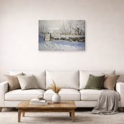 Gallery-wrapped canvas print of Claude Monet's 'The Magpie' displayed on a wall in a living room