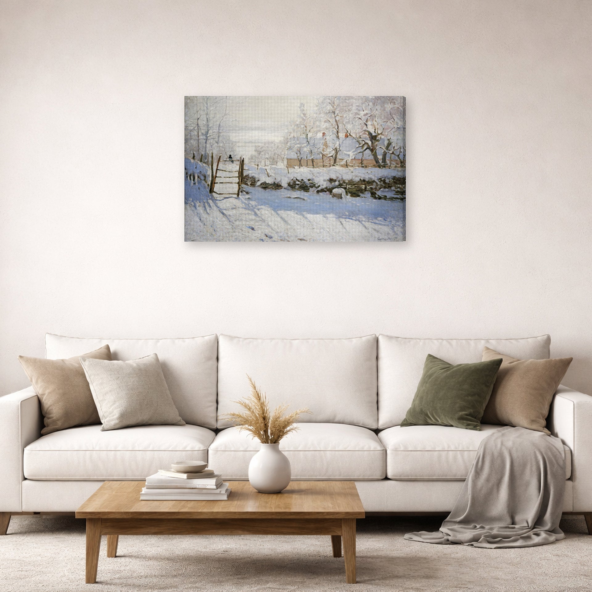 Gallery-wrapped canvas print of Claude Monet's 'The Magpie' displayed on a wall in a living room