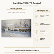 Claude Monet - The Magpie gallery wrap canvas construction and hanging details infographic