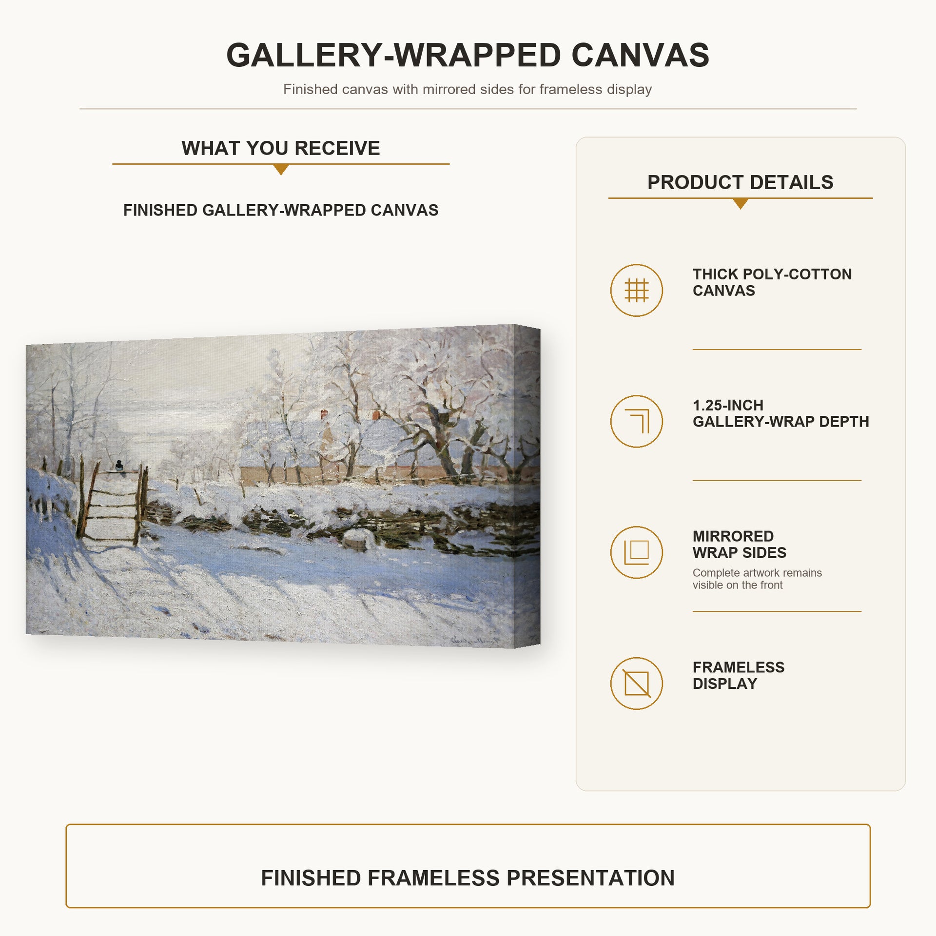 Claude Monet - The Magpie gallery wrap canvas construction and hanging details infographic
