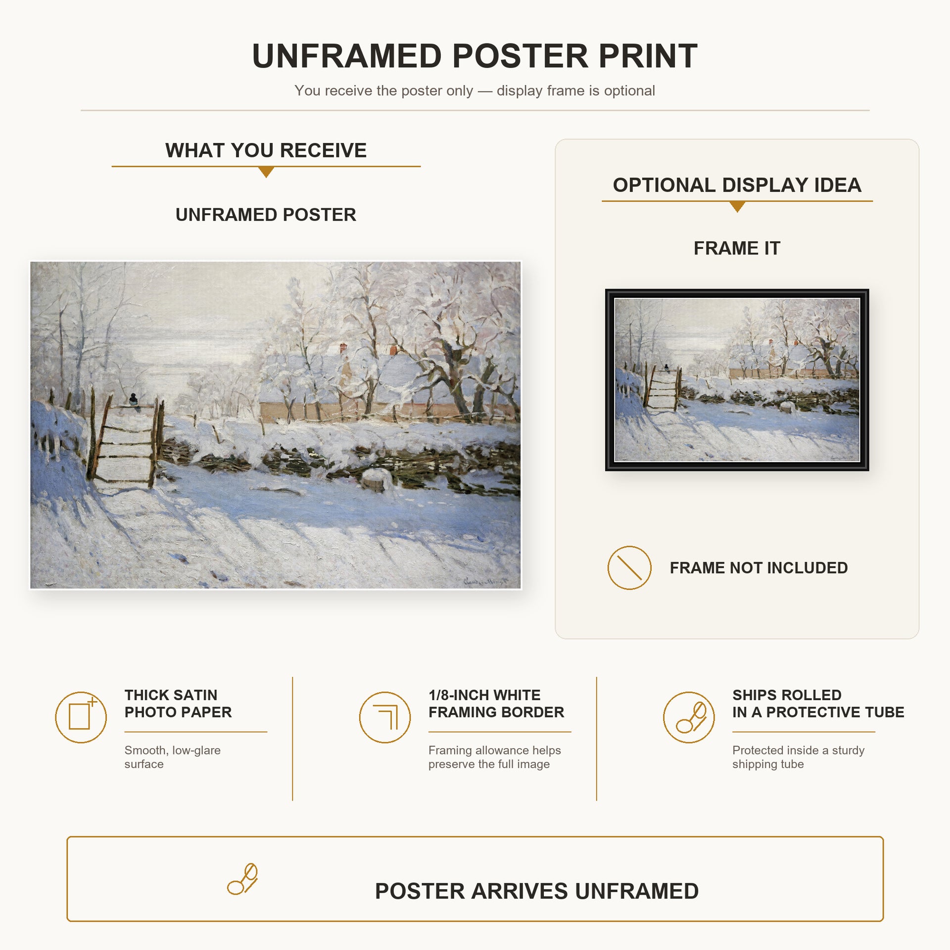 Claude Monet - The Magpie poster print size comparison and framing display infographic