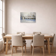 Unframed poster print of Claude Monet's 'The Magpie' displayed on a wall in a dining room