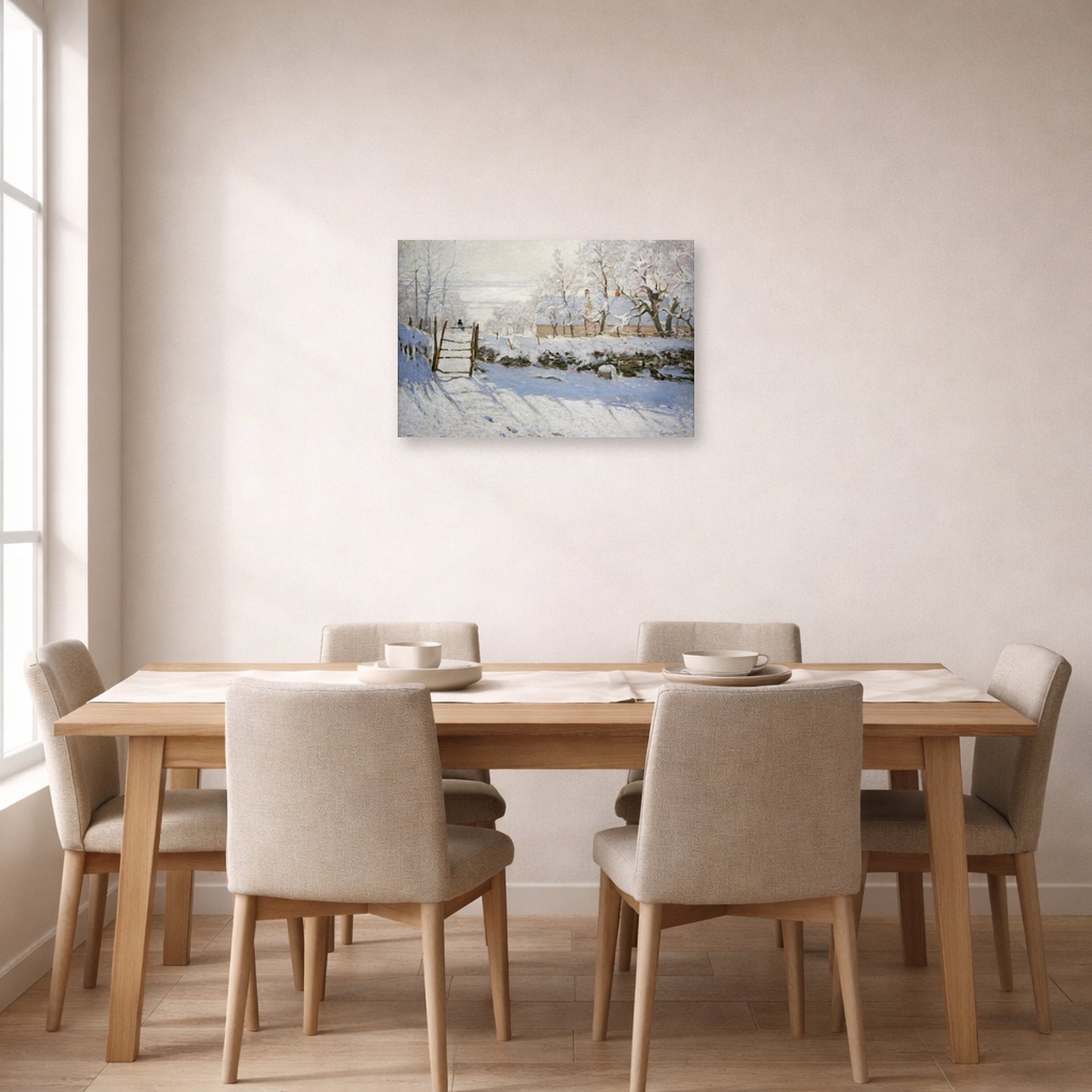 Unframed poster print of Claude Monet's 'The Magpie' displayed on a wall in a dining room