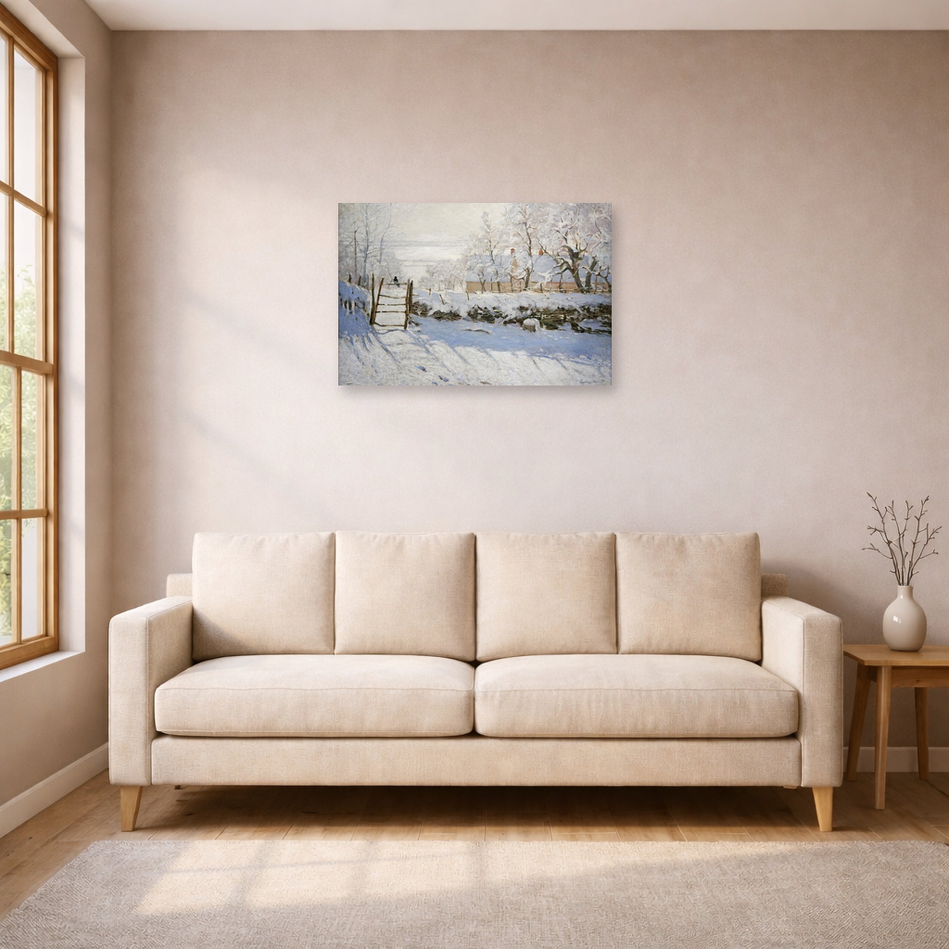 Unframed poster print of Claude Monet's 'The Magpie' displayed on a wall in a living room