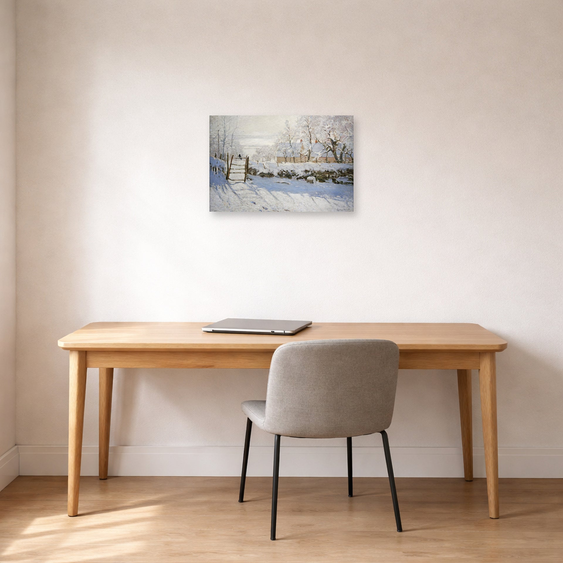 Unframed poster print of Claude Monet's 'The Magpie' displayed on a wall in a office