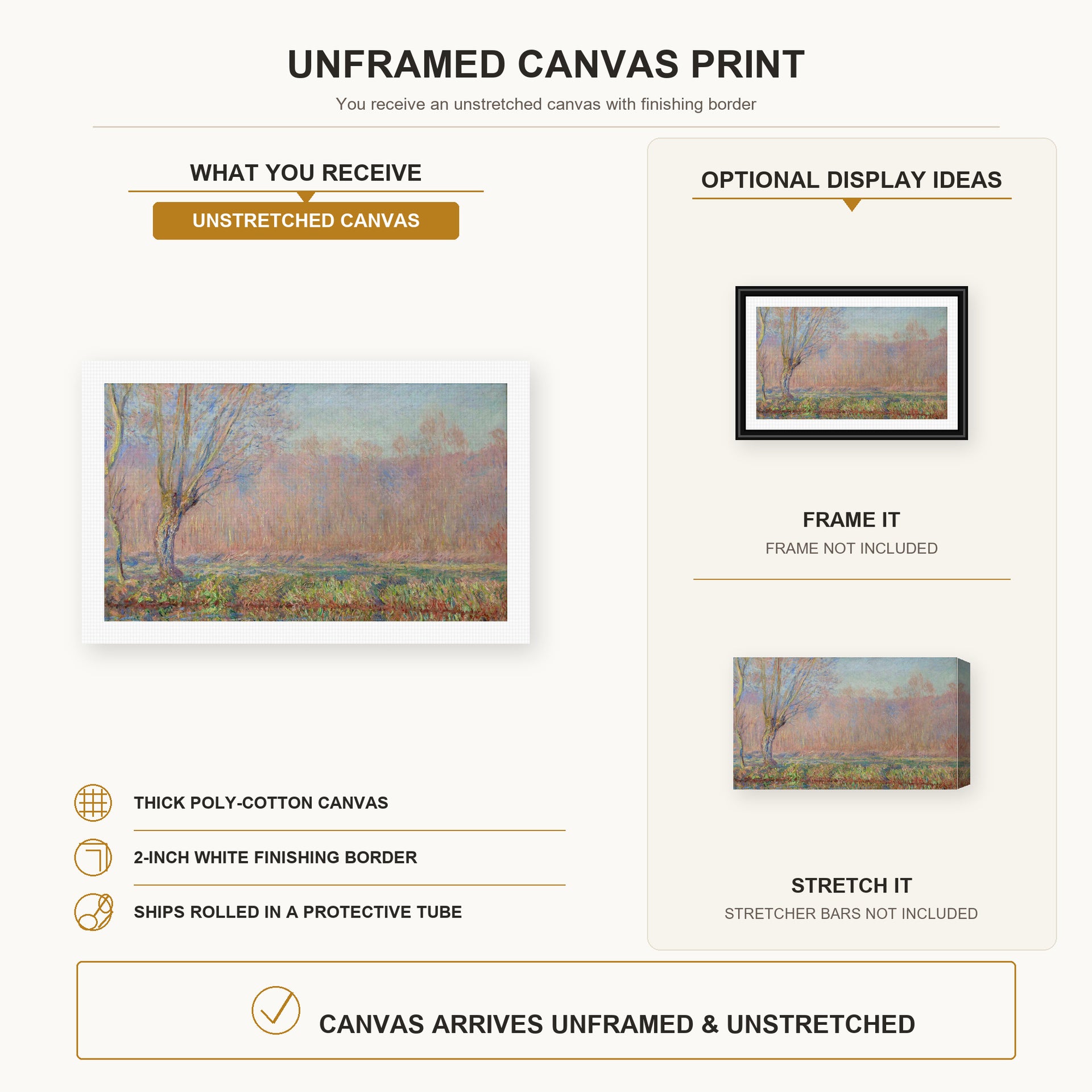 Claude Monet - The Willows canvas print size comparison and framing display infographic