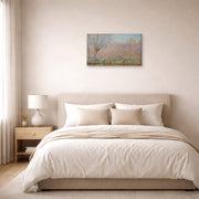Gallery-wrapped canvas print of Claude Monet's 'The Willows' displayed on a wall in a bedroom