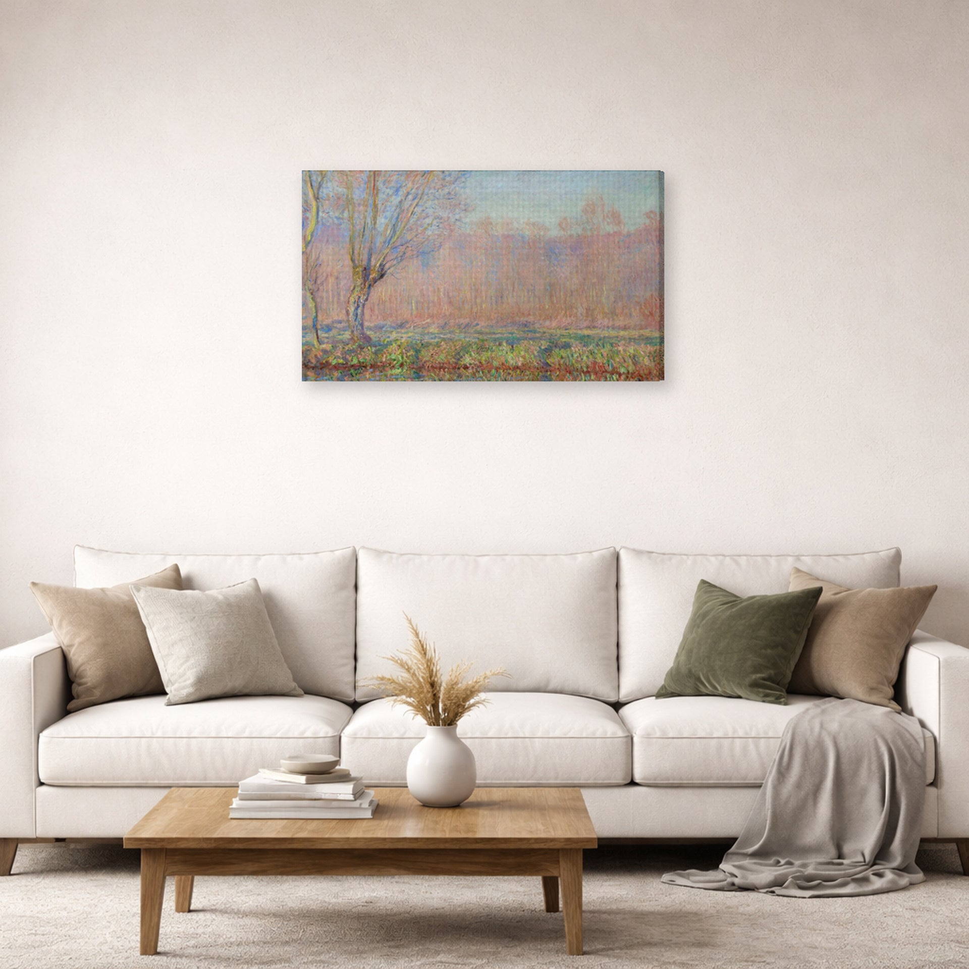 Gallery-wrapped canvas print of Claude Monet's 'The Willows' displayed on a wall in a living room