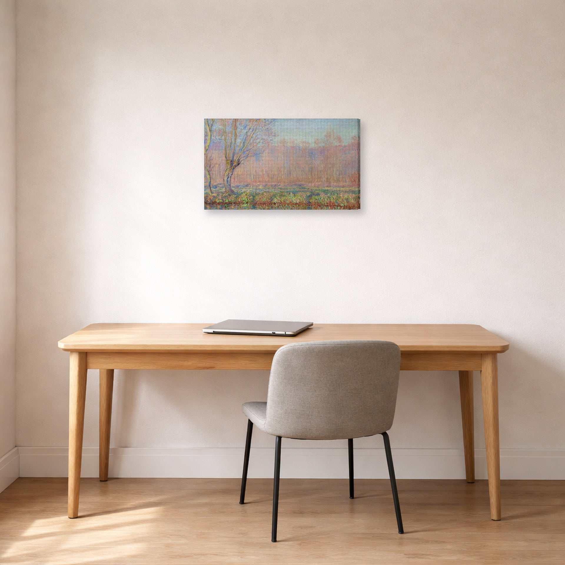 Gallery-wrapped canvas print of Claude Monet's 'The Willows' displayed on a wall in a office