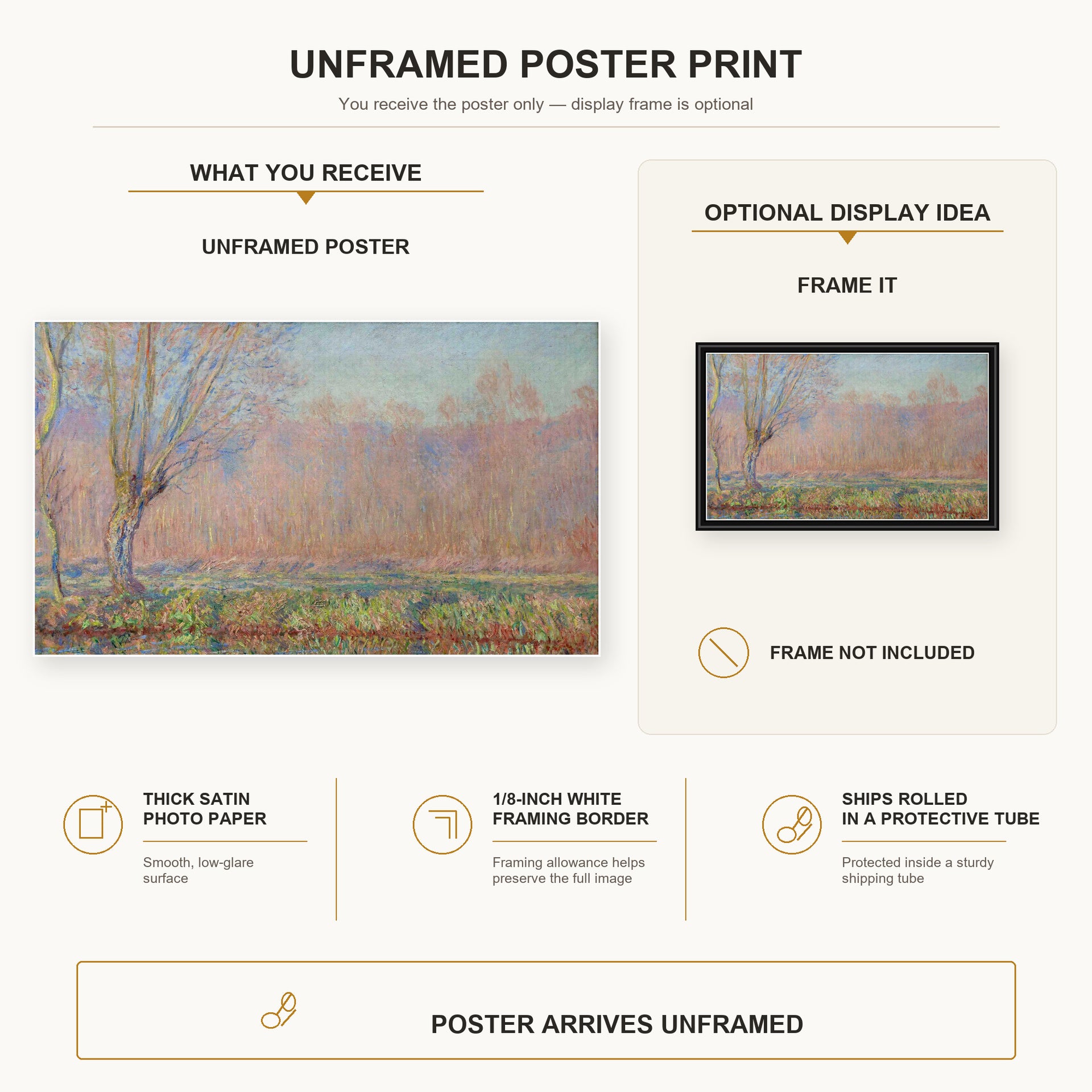 Claude Monet - The Willows poster print size comparison and framing display infographic
