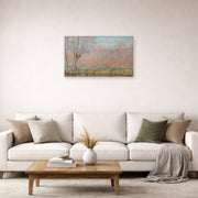 Unframed poster print of Claude Monet's 'The Willows' displayed on a wall in a living room