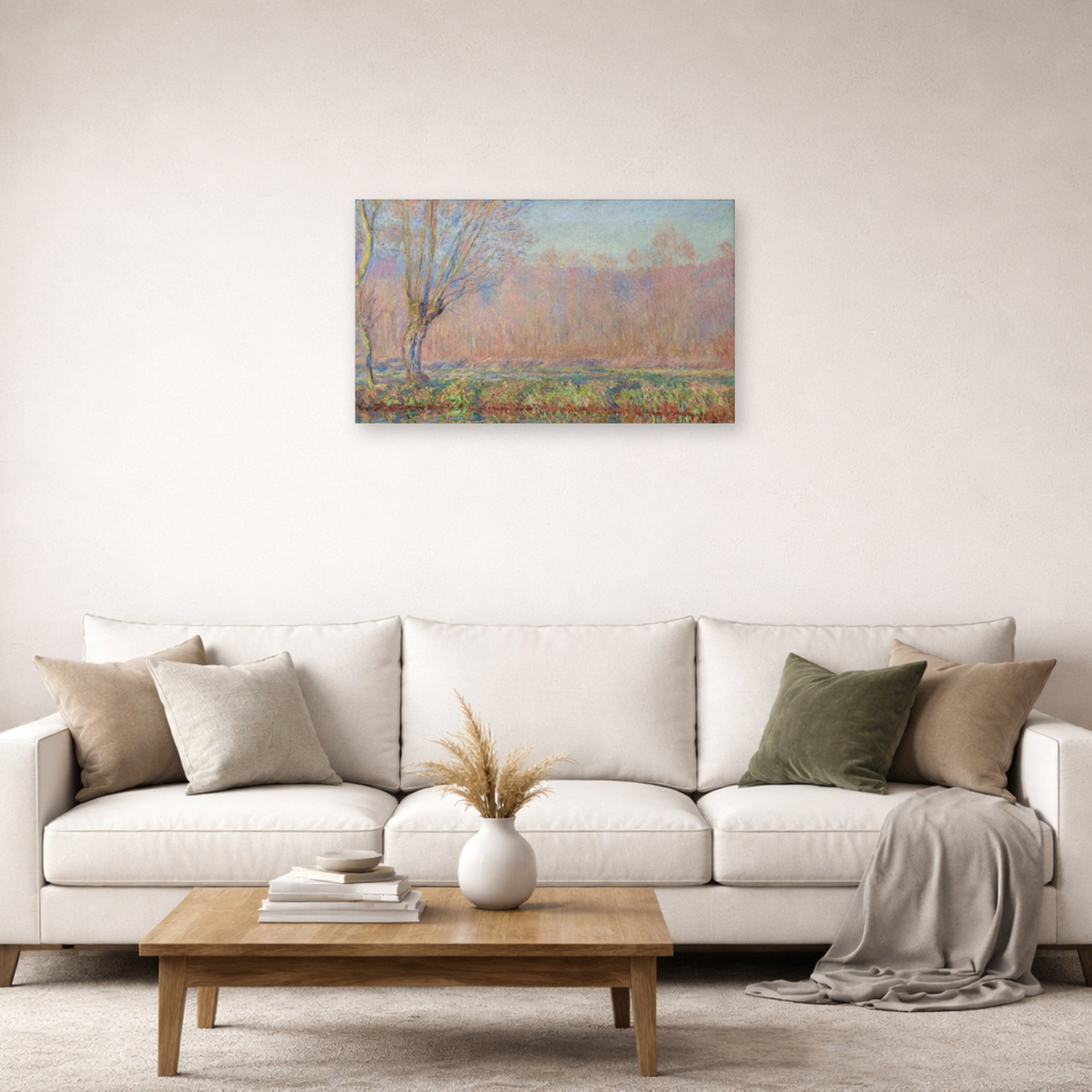 Unframed poster print of Claude Monet's 'The Willows' displayed on a wall in a living room