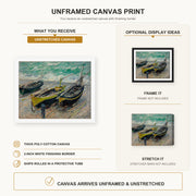 Claude Monet - Three Fishing Boats canvas print size comparison and framing display infographic