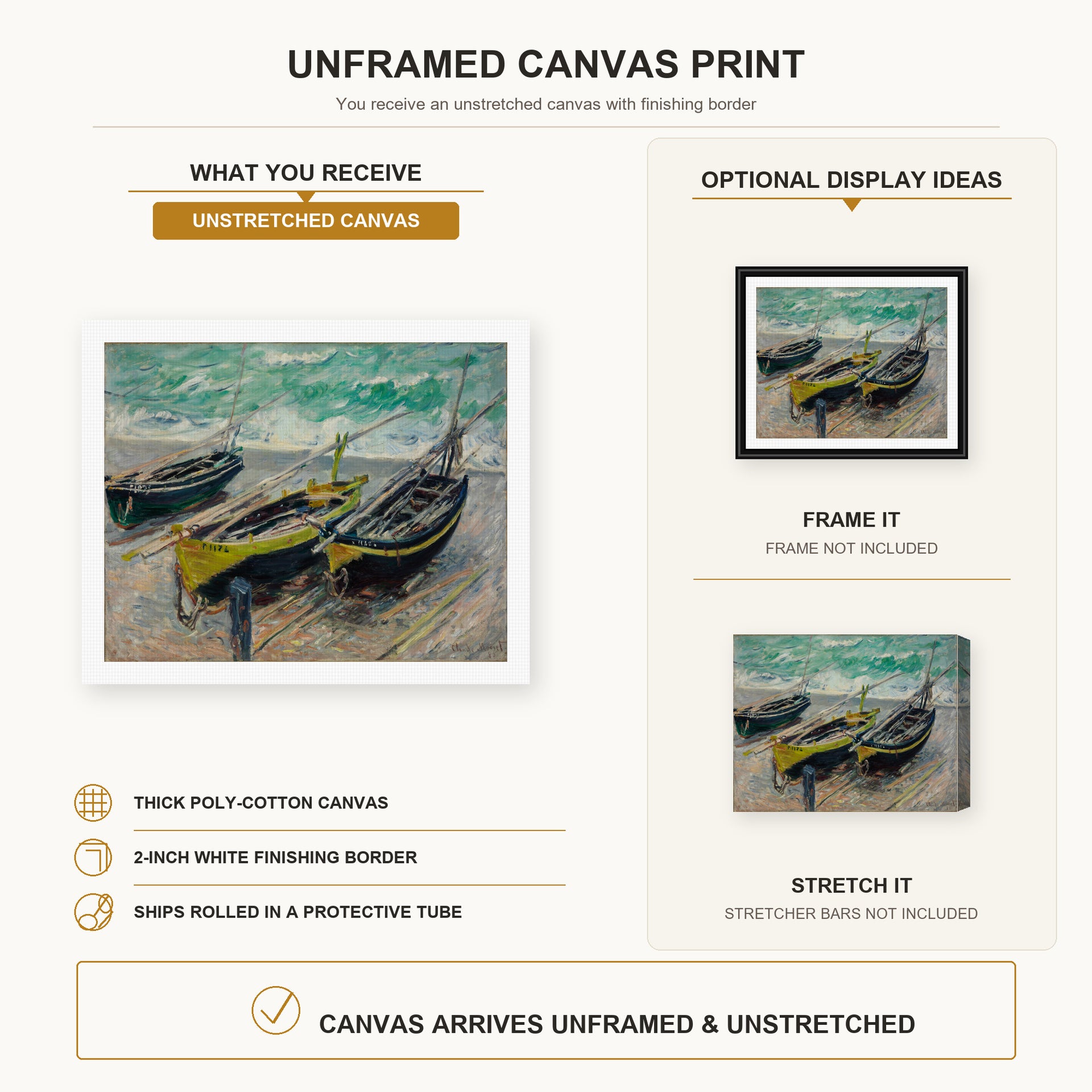Claude Monet - Three Fishing Boats canvas print size comparison and framing display infographic
