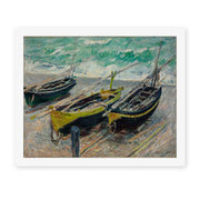 Claude Monet's 'Three Fishing Boats' painting reproduced as a rolled canvas print
