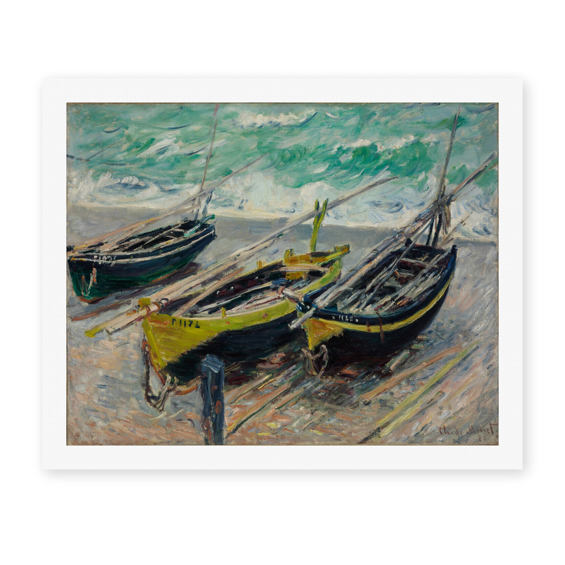 Claude Monet's 'Three Fishing Boats' painting reproduced as a rolled canvas print