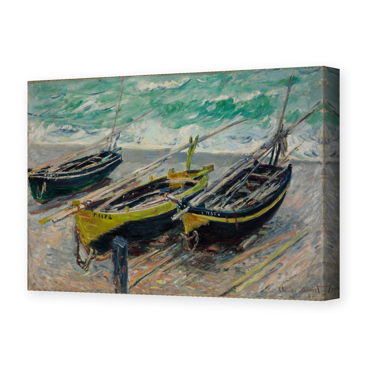 Claude Monet's 'Three Fishing Boats' painting reproduced as a gallery-wrapped canvas print