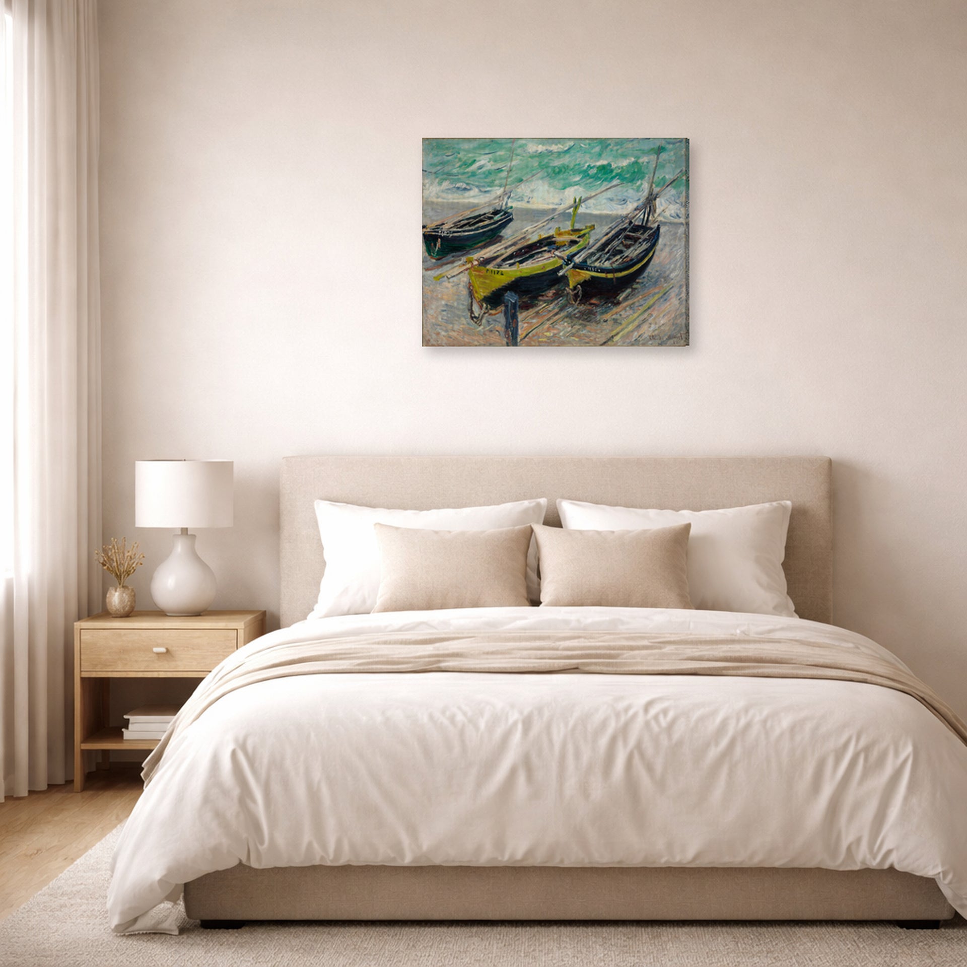 Gallery-wrapped canvas print of Claude Monet's 'Three Fishing Boats' displayed on a wall in a bedroom
